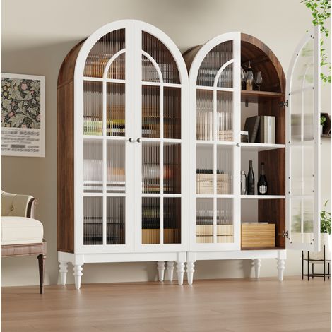 Set de 2 vitrinas arqueadas con vidrio acanalado, MDF, nogal/blanco, 76 x 38,5 x 165 cm (1/5)