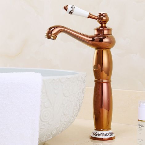 Robinet Mitigeur Lavabo en Laiton Style Rétro Européen, Robinetterie Salle de Bain pour Vasque à Poser avec Flexible, Finition Céramique Rose Doré-lsw