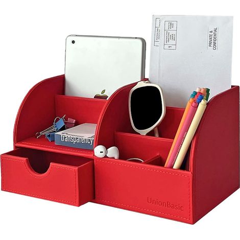 Unionbasic Schreibtisch-Organizer, multifunktionaler Schreibtisch-Organizer aus Leder, Stiftehalter – Halter für Visitenkarten/Stifte/Bleistifte/Handy/Schreibwaren (Red) (1/5)