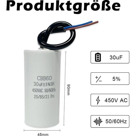 CBB60 450v 30uf 50/60HZ condensateur de démarrage, condensateur de moteur, condensateur de démarrage de moteur, condensateur microfarad avec fil