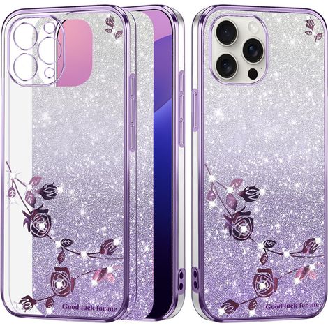Custodia per iPhone 16 Pro Max, fiore glitterato, viola (1/5)