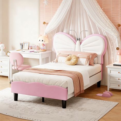lit enfant 90x200, lit fille, Lit simple avec sommier, lampe de lecture LED, Tête de lit papillon réglable, velours, rose et blanc