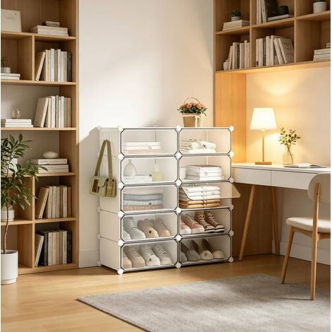 Meuble à chaussures modulable 10 compartiments 40 x 30 x 170 cm, blanc, structure DIY HAVRYA (1/5)