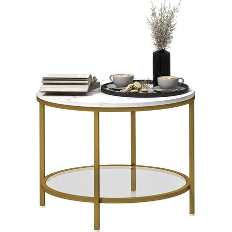 Table basse salon ronde moderne à 2 niveaux plateau effet marbre et étagère en verre trempé, Ø 60 x 45 cm, blanc et doré