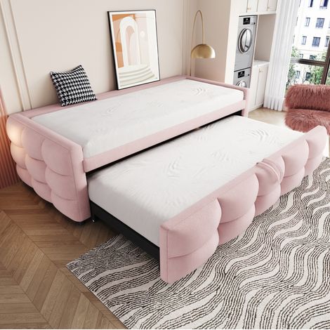 Divano letto estraibile 90x190 cm, estensibile 180 cm, rosa, peluche, senza materasso (1/5)