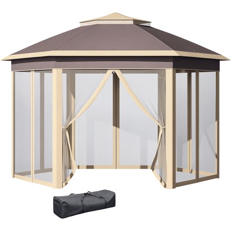Tenda da giardino esagonale per pranzi e cene, 4,05x3,4x2,85 m, con doppio tetto, 6 zanzariere rimovibili, borsa e protezione anti-UV beige.