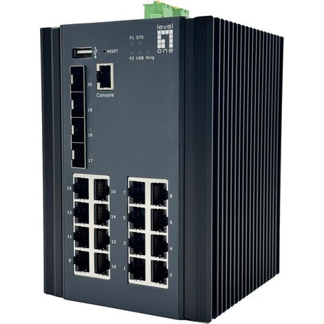 LevelOne IGU-2071 conmutador Industrial Gigabit Gestionado L2 Plus de 20 Puertos, 16x 1GbE RJ45, Carril DIN (1/3)