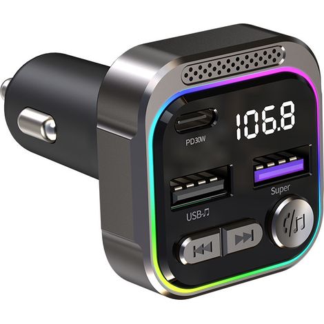 Neuer C54 Auto-MP3-Bluetooth-Player mit FM-Transmitter aus Aluminium-Magnesium-Legierung und PD30W Schnelllade-Autoladegerät – C54 – Schwarz (1/4)