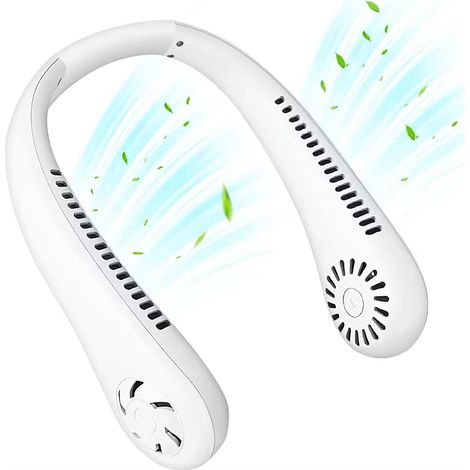 (Blanc) Ventilateur sans pales à fixer autour du cou, flux d'air puissant, brise naturelle silencieuse, chargement USB. (1/5)