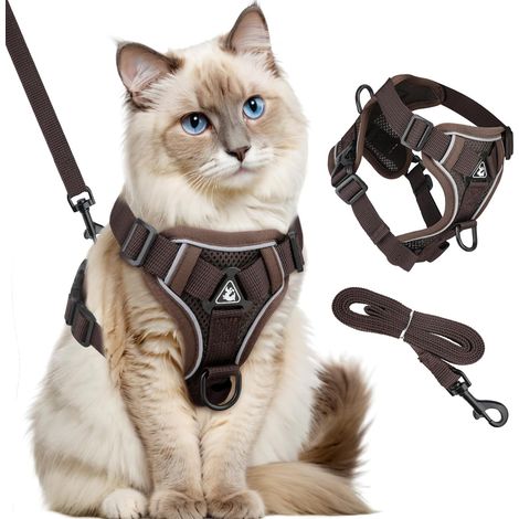 Arnés para gatos con correa, correas ajustables, arnés suave con bandas reflectantes, marrón - M (1/5)