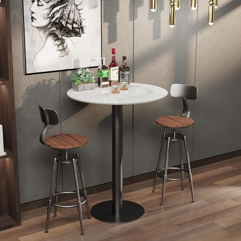 Tavolo Rotondo da Bar Bistro Marmo, Pietra Sinterizzata Bianco, Base Nera, Elegante Super Resistente, Diametro 76cm Altezza 100cm