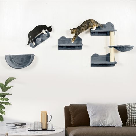 Árbol para gatos de pared con sisal y felpa gris, set de 4 piezas con 3 niveles para rascar, trepar y descansar, 40 x 28 x 73 cm (1/5)