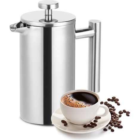 Cafetière à piston double compartiment en acier inoxydable de 350 ml avec isolation thermique, théière et bouilloire. (1/5)