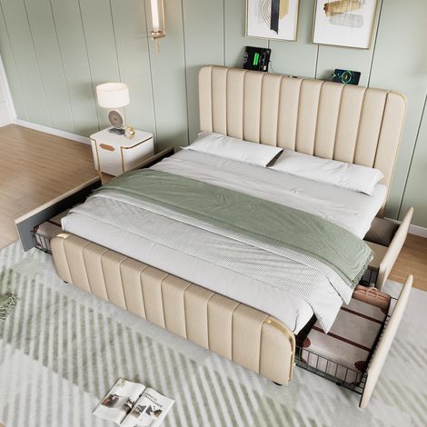 Lit capitonné double avec tête de lit rembourrée ornée de finitions dorées et fonction de chargement USB Type-C, 140190 cm, revêtement en lin beige avec 4 tiroirs (1/5)