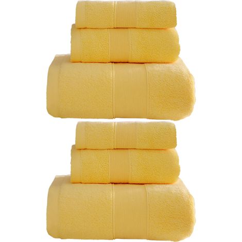 Ensemble de 6 serviettes de bain en coton 2 serviettes de bain, 2 serviettes pour les mains, 2 gants de toilette. Doux et absorbants, jaunes.