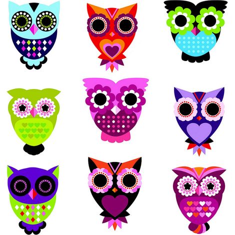 Sticker Hiboux multicolores - 1 planche 30 x 30 cm (1/5)
