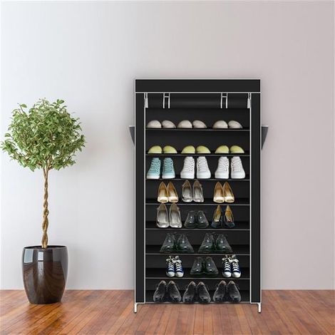 Étagère à chaussures à 10 niveaux avec couvercle anti-poussière, armoire de rangement pour chaussures, noir, 160x30x88cm (1/5)