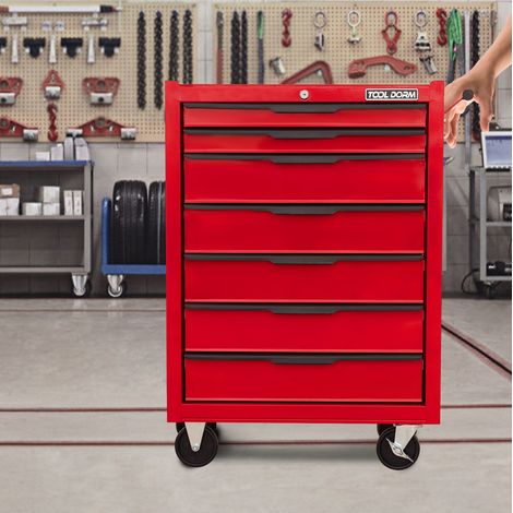 Carro de herramientas con 7 cajones y ruedas, acero, rojo, OKWISH (1/5)