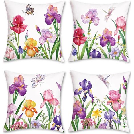 Set di 4 federe per cuscini con motivo floreale da giardino, 45 x 45 cm, in poliestere e lino, federe decorative per divano, soggiorno, camera da letto, sedia, decorazione per la casa. (1/5)