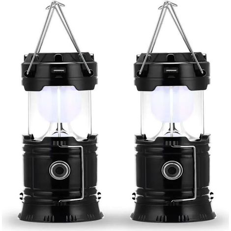 Lampe de camping à LED, prise et rechargeable solaire, avec batterie externe, étanche et coupe-vent, pour randonnée, camping, urgence, ouragan, pêche de nuit, IP66 étanche, pack de 2 [Classe énergétiq (1/4)