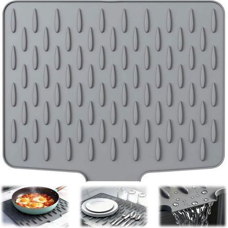 Tapis Égouttoir Vaisselle-1, Silicone antidérapant vidange inclinée 40x32.5cm-Cuisine Salle de Bain-Gris (1/5)