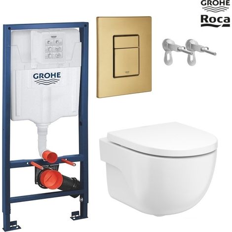 Pack WC suspendido con bastidor Grohe Rapid SL + pulsador Skate oro cepillado + inodoro Roca Meridian blanco 48 cm
