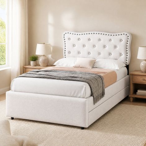 MEUBLIV Cama 90x200 cm beige claro – cabecero tapizado, doble cajón, sin colchón (1/5)