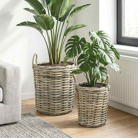 vidaXL Planter Basket GENDT 2 pcs Natural Grey Kubu Rattan (1/5)