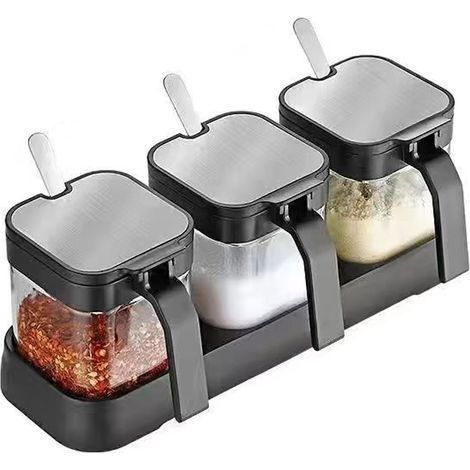 Pot À Épices - Verre Sans Plomb - Couvercle À Charrière - Cuillère En Acier Inoxydable - 255 Ml - Lot De 3 (1/5)