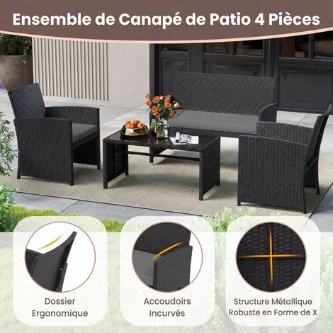 Salon de jardin gris en résine PE avec canapé 2 places, fauteuils, coussins et table en verre trempé pour terrasse (1/5)