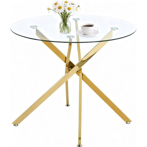 Table de salle à manger ronde, plateau verre trempé, pieds dorés, design moderne minimaliste, table basse 80x80x76cm (1/5)