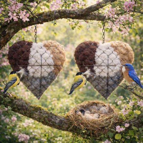 Material para nido de alpaca, nido de pájaro de fibra en forma de corazón hecho a mano, refugio para pájaros rellenable,para jardín y patio (2 piezas)