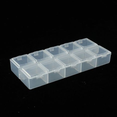 Boîte de rangement en plastique à 10 compartiments pour petites pièces, vis, perles, bijoux – Étui transparent verrouillable avec séparateurs réglables 13,2 x 6 x 1,9 cm (blanc) (1/5)