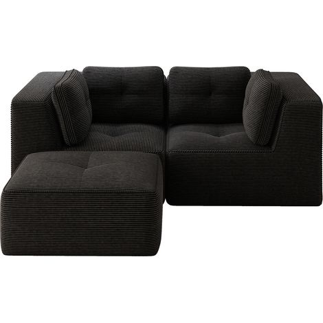 Canapé d'angle modulable 2 places en velours côtelé noir, sans armature, avec repose-pieds mobile et assise moelleuse pour salon ou chambre CHICFURN (1/5)