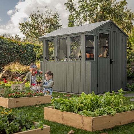 Keter Darwin 6x8ft Outdoor Garden Potting Shed Store Green Wood Effect Resin (1/4)