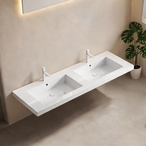 Plan de toilette double en résine blanche 140 cm coloris blanc (1/5)