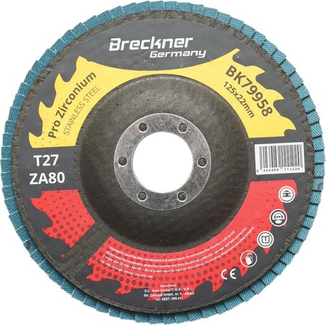 Disco lamellare abrasivo in zirconia T27 ZA80, 125x22mm per levigatura/lucidatura di metalli e acciaio inossidabile Breckner Germany