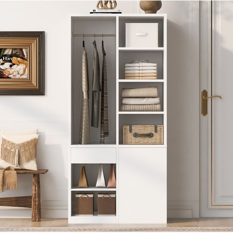 MODFU – Armoire 70x50x170 cm MDF – Penderie, étagères ouvertes et tiroirs – Charge 51 kg – Chambre – Blanc (1/5)