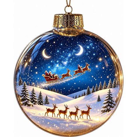 Boule à neige lumineuse en acrylique transparent, ornement de Noël 3D à suspendre au sapin, représentant le Père Noël et son traîneau de rennes. (1/5)