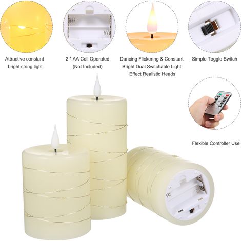 Lot de 3 Bougies LED Neoglint avec Télécommande et Guirlande Cuivre, Effet Flamme Réaliste Blanc Chaud Ivoire (1/5)