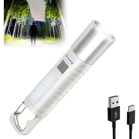 Petite lampe torche LED rechargeable, USB-C, 4 modes, 500 lumens, fonction zoom, fonctionnement en cas de panne de courant, idéale pour le camping et les urgences à la maison. (1/5)