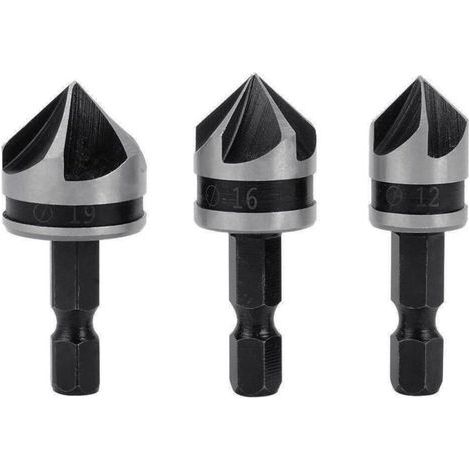 3pcs 1/4" Hex HCS Fraise à Chanfreiner 5 Flûte Foret Embouts pour phanfreiner Évier à Fraise Conique 12mm/16mm/19mm Pour Bois Métal (1/3)