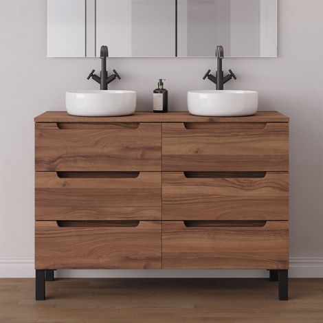 Meuble de salle de bain 120cm avec plateau et 2 vasques à poser rondes - 6 tiroirs - sans miroir - noyer (bois foncé) - RIZA (1/5)