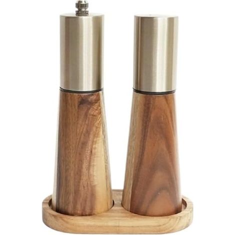 Adjustable Ensemble moulin à épices en bois d'acacia et métal - Moulin à poivre et sel de cuisine avec socle (1/5)