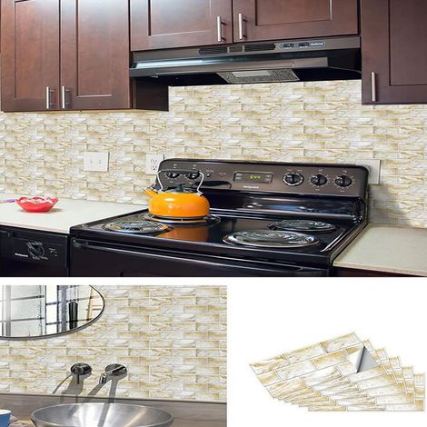 Lot de 12 Carreaux Crème Lumineux 30x15cm - PVC Adhésif Marbre Hydro-Oleophobe - Style Déco Mur Européen Haute Lumière (1/5)