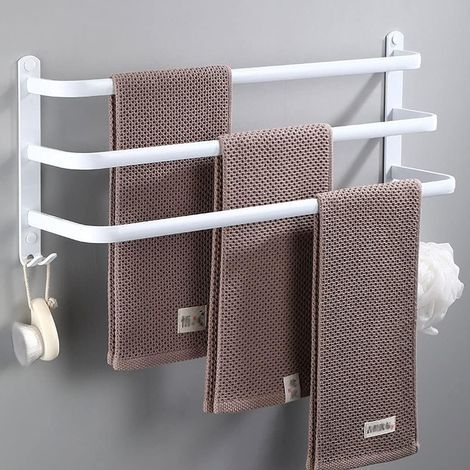 - Wandhandtuchhalter - Aluminiumstange - 3 Ablagen mit Haken - Schnelltrocknend, platzsparend - Badezimmer, Küche, Hotel - Weiß - 50 cm (1/5)