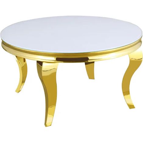 Table basse ronde baroque Gold et plateau en verre BLANC de 80 cm