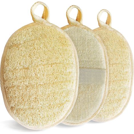 Lot de 3 éponges luffa naturelles exfoliantes, idéales pour la douche et le corps. Biodégradables, elles conviennent aux adultes, femmes et hommes. (1/5)