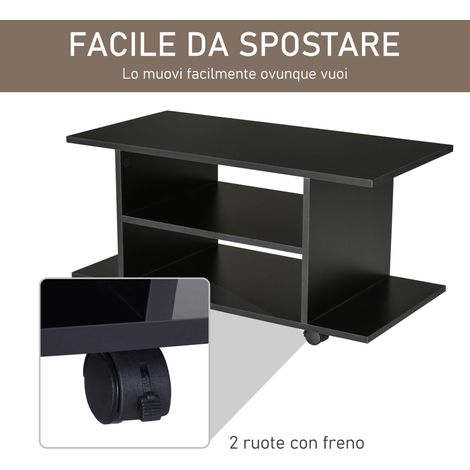 Meuble TV contemporain avec étagères, support pour écran 42" à roulettes pivotantes freinées, 2 tablettes latérales pour salon et chambre, 80x40x40 cm, noir (1/5)