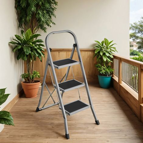 Escabeau 3 Marches, Pliant, Supporte Jusqu'à 150 kg, Verrou de Sécurité, Rangement Gain de Place, Gris Tourterelle (1/5)